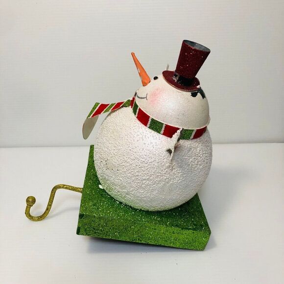 Vintage Christmas Shimmery Snowman Weighted Stocking Holder Mantel Decor - Picture 2 of 11